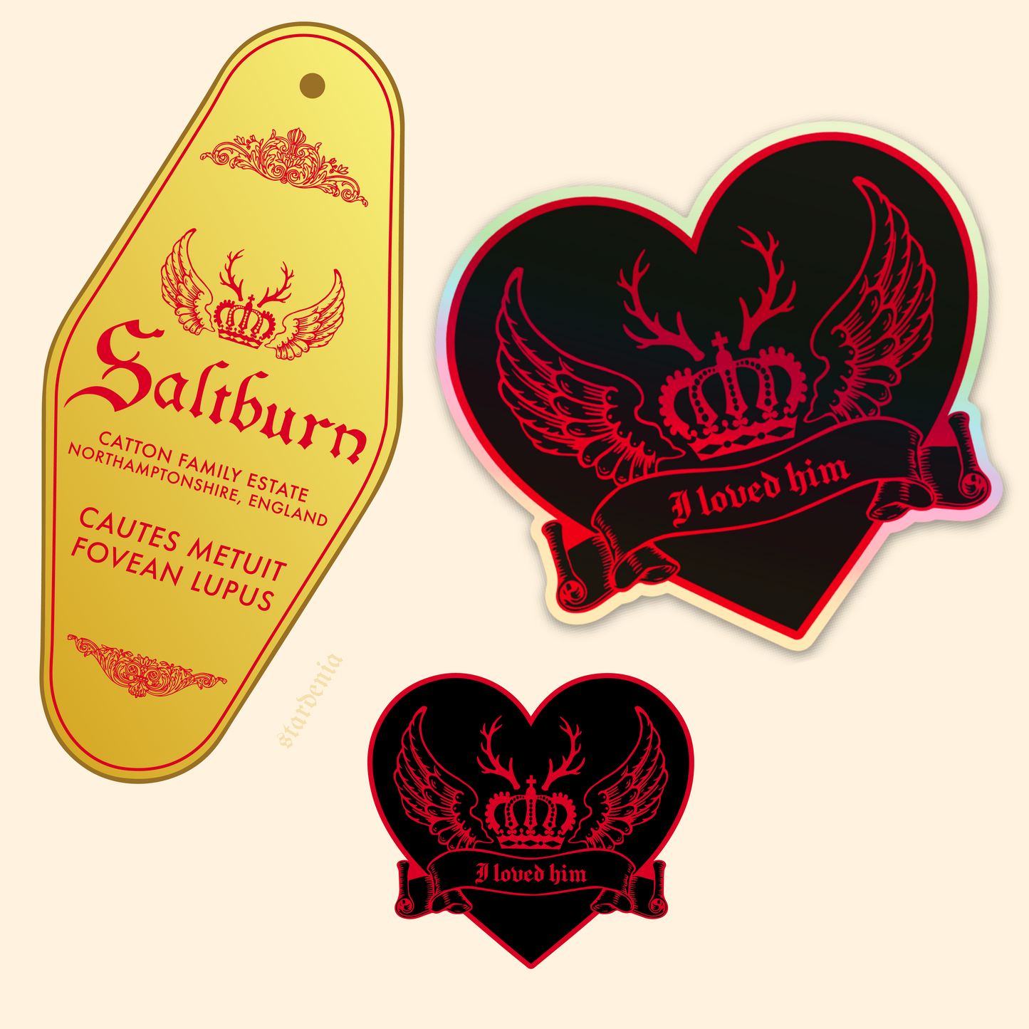 Saltburn Vintage Motel-style Keychain, "I loved him" Enamel Pin & Sticker
